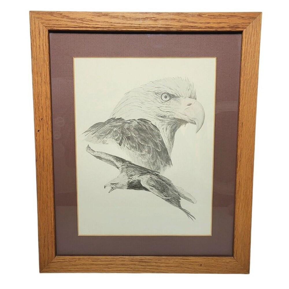 VTG Leon Parson American Eagle Lithograph Print Wildlife Pencil Art Oak Frame